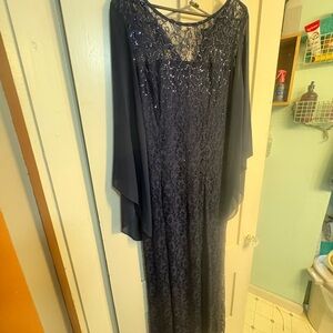 SLNY Navy Sequin Lace Long Sleeve Dress